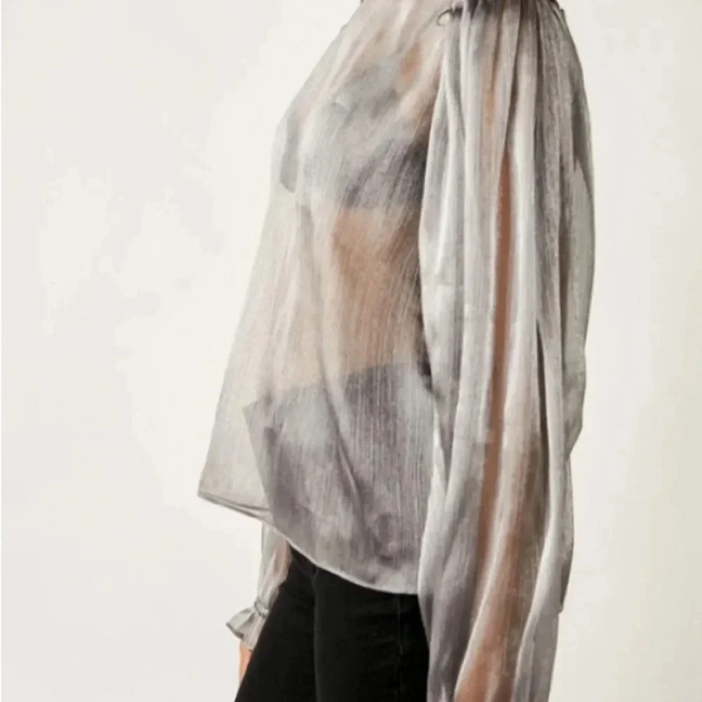 NWT Free People Freya Frost Top Metallic Silver Gray Sheer Long Sleeve Ribbon SP